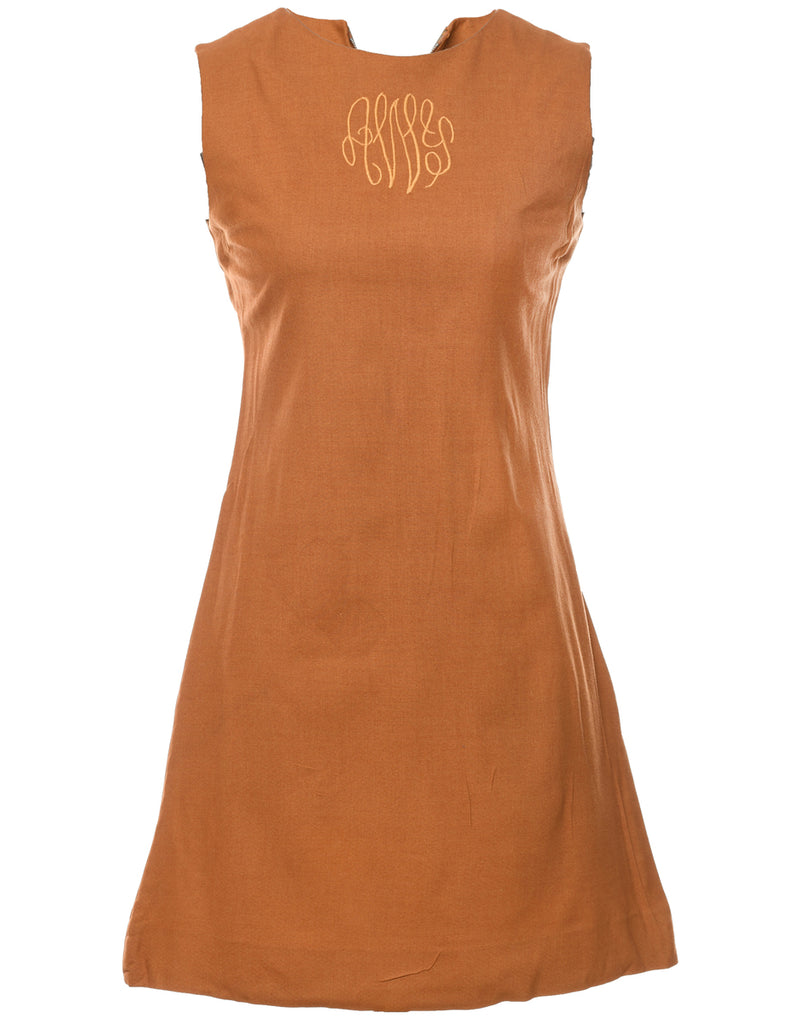 Embroidered Brown 1960s Mini Dress - XS