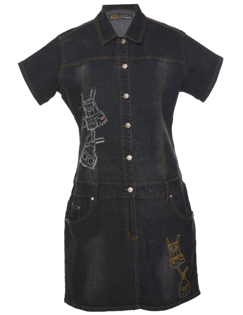Embroidered Denim Y2K Dress - L