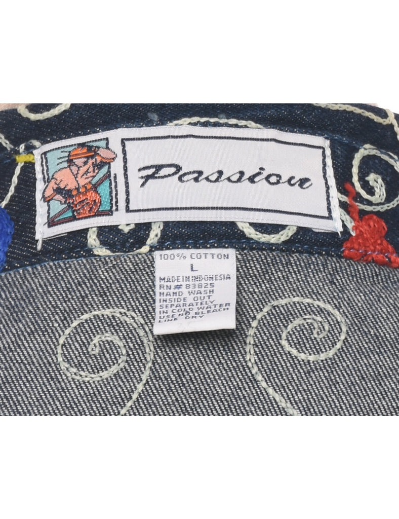 Embroidered Indigo Denim Jacket - L
