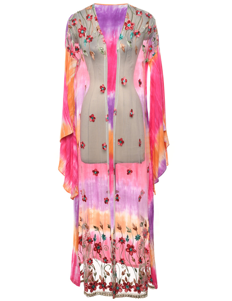 Embroidered Tie-dye Effect Sheer Extra Long Jacket - L