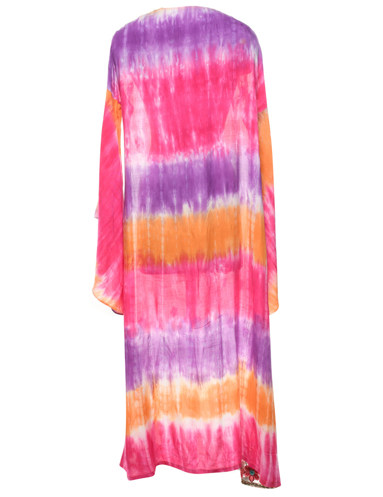 Embroidered Tie-dye Effect Sheer Extra Long Jacket - L