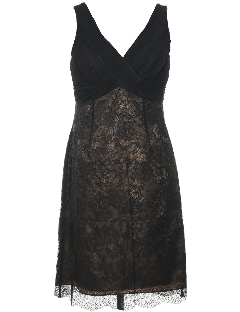 Floral Lace Black Sleeveless Evening Dress - L