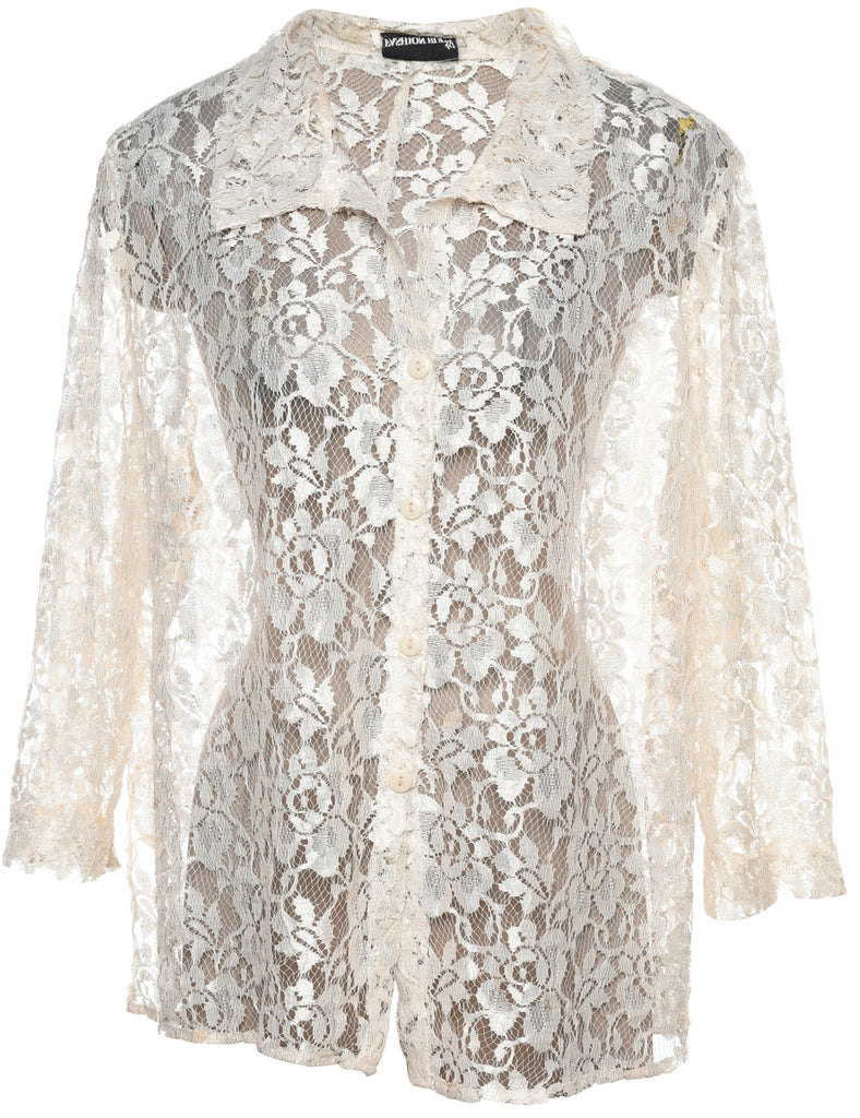 Floral Lace White Classic Evening Blouse - L