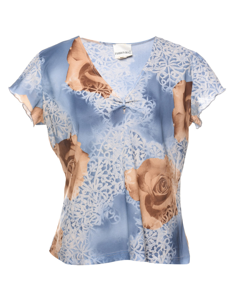 Floral Light Blue & Light Brown Printed Top - M