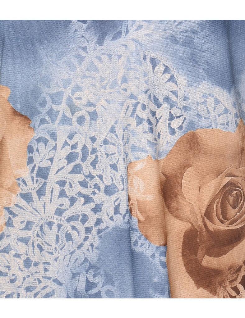 Floral Light Blue & Light Brown Printed Top - M