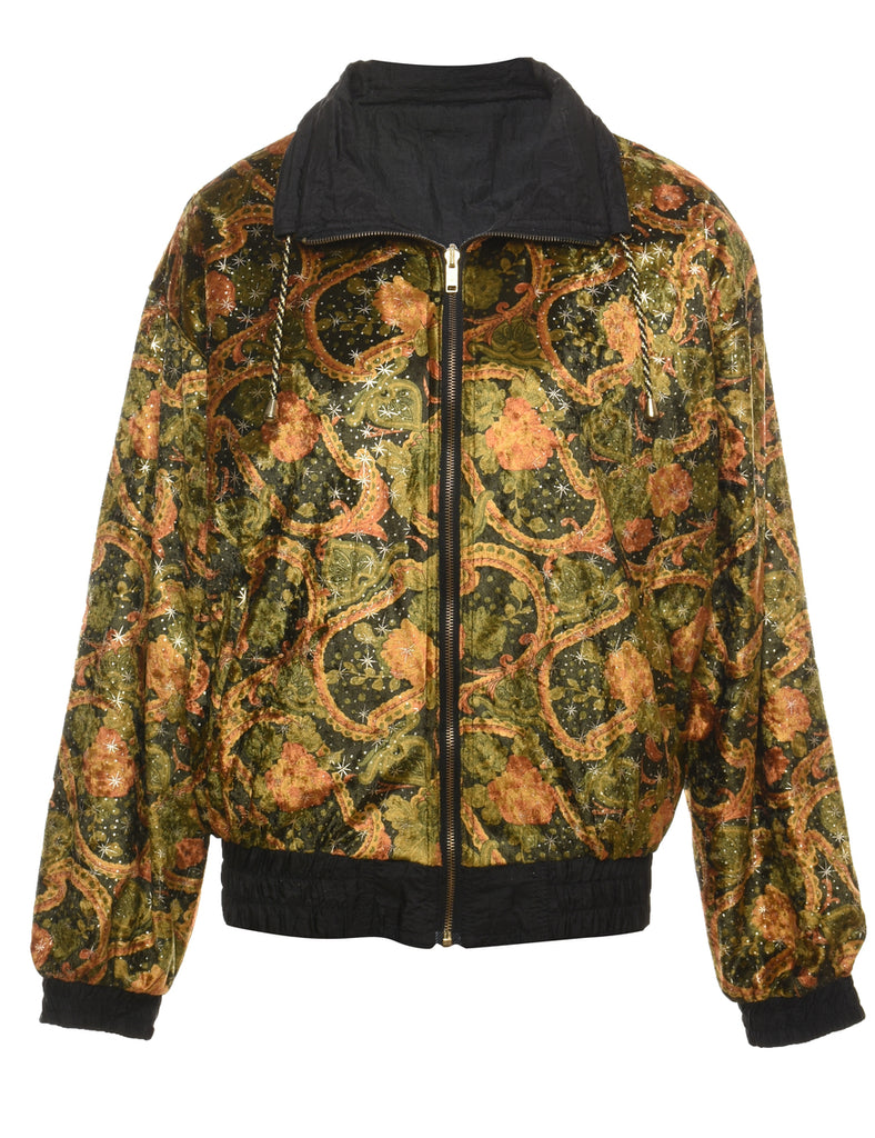 Floral & Paisley Pattern Orange & Green Nylon Jacket - L