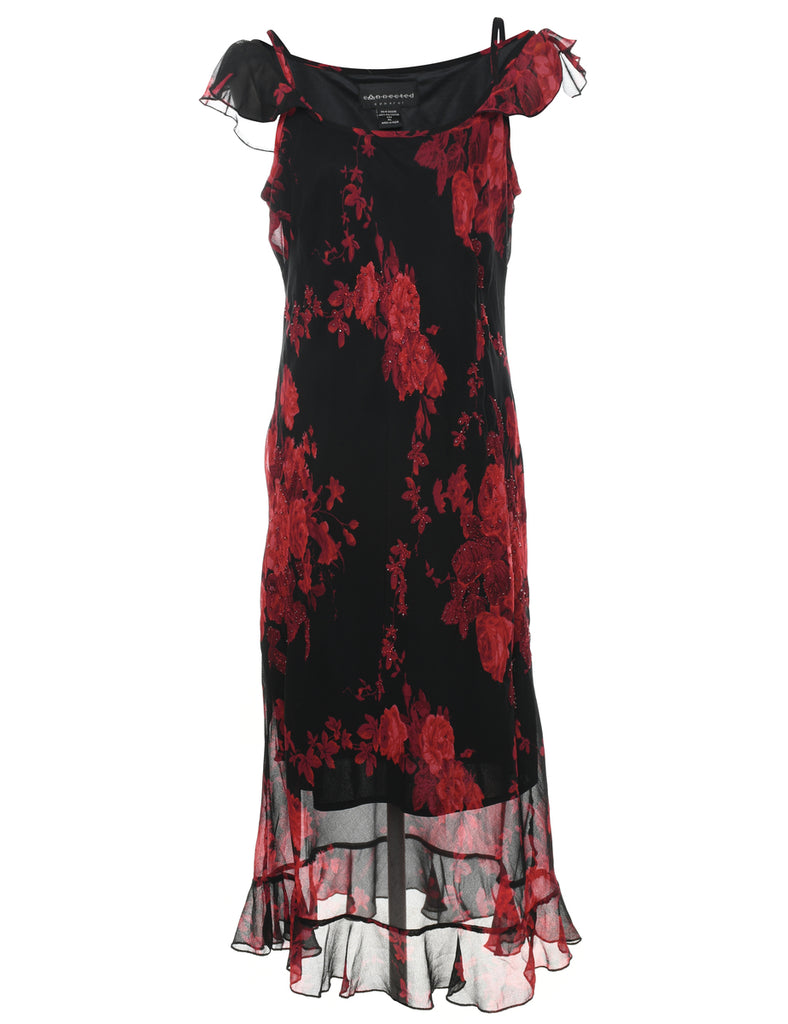 Floral Pattern Beaded Black & Red Y2K Dress - L