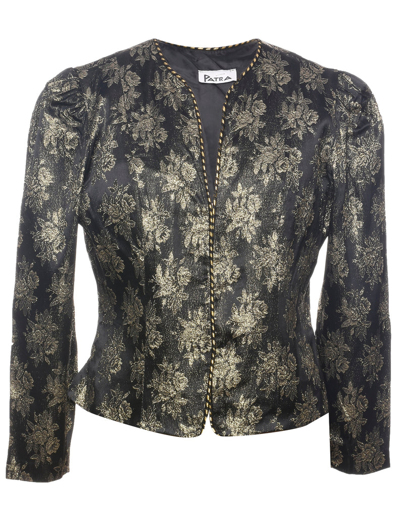 Floral Pattern Black & Gold 1980s Evening Jacket - L
