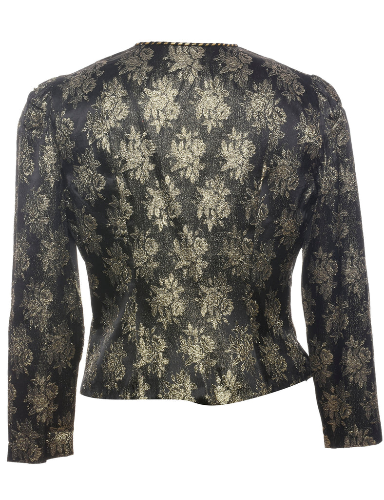 Floral Pattern Black & Gold 1980s Evening Jacket - L
