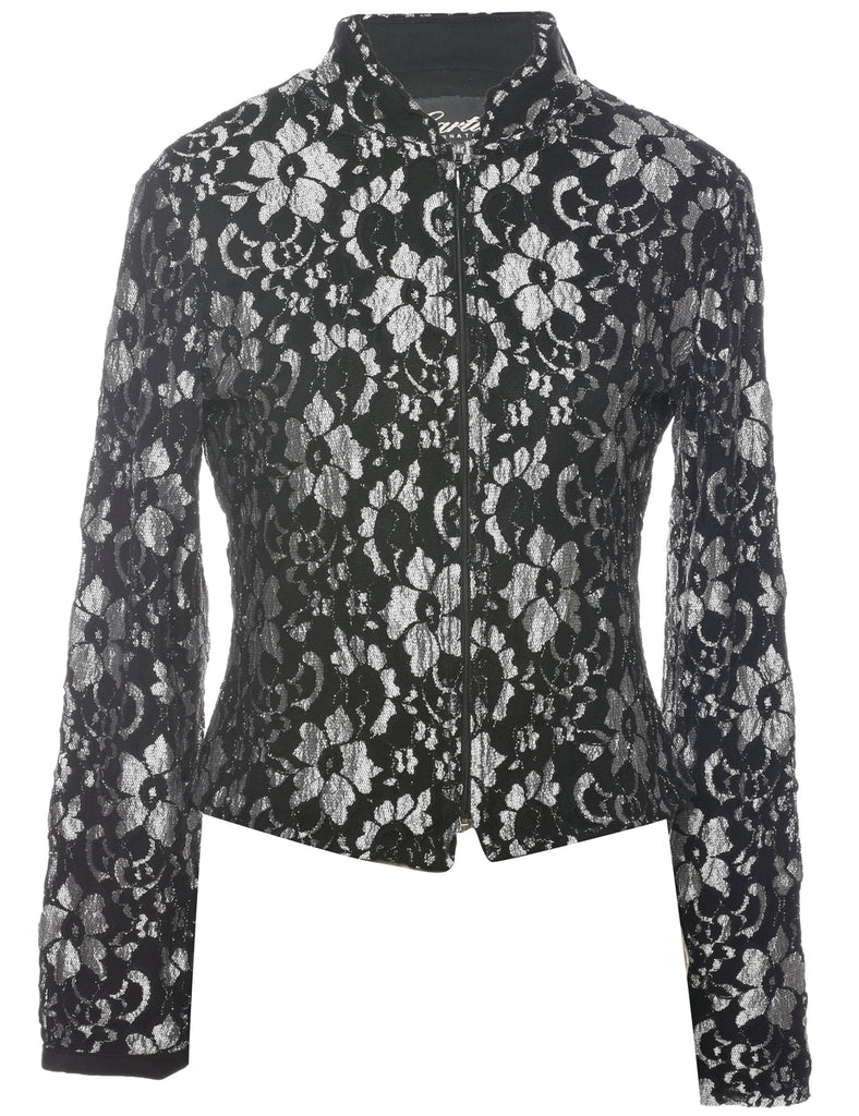 Floral Pattern Black & Silver 1990s Evening Jacket - M