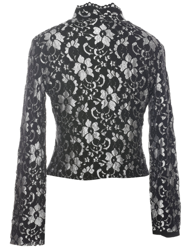 Floral Pattern Black & Silver 1990s Evening Jacket - M
