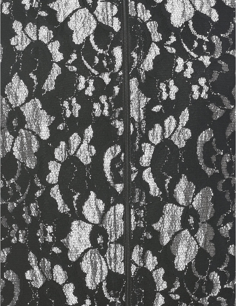 Floral Pattern Black & Silver 1990s Evening Jacket - M