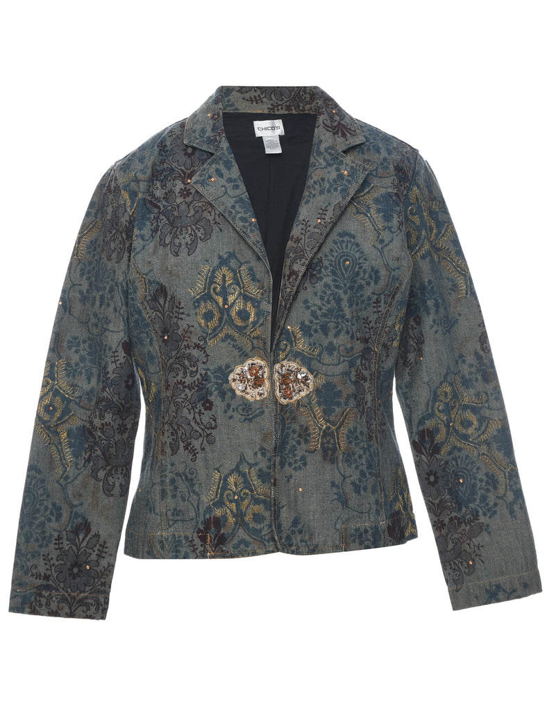 Floral Pattern Denim Jacket - M