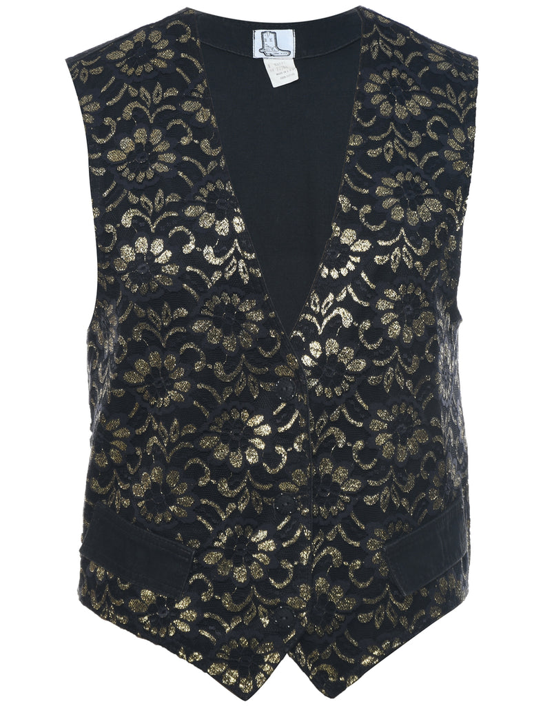 Floral Pattern Denim Jacket Vest - S