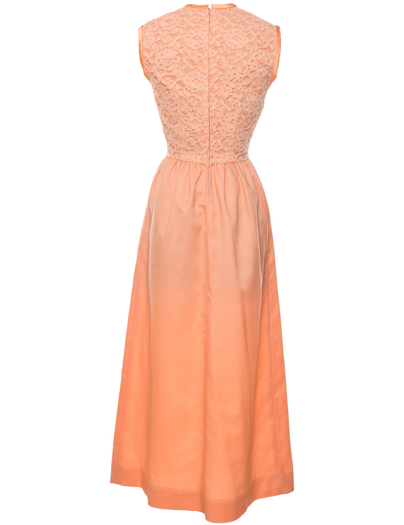 Floral Pattern Lace Peach 1970s Maxi Dress - XS