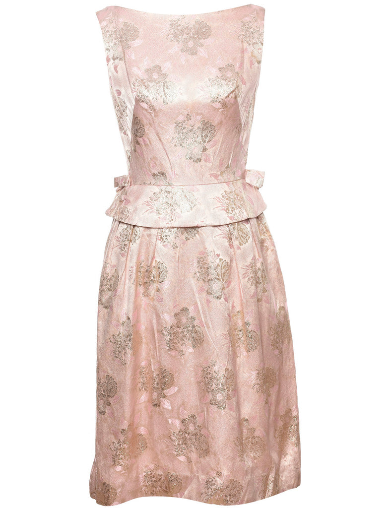 Floral Pattern Pale Pink 1960s Brocade Dress - S