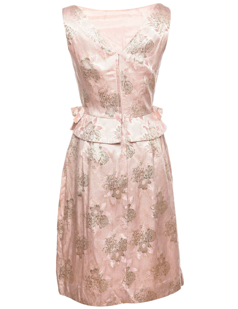 Floral Pattern Pale Pink 1960s Brocade Dress - S