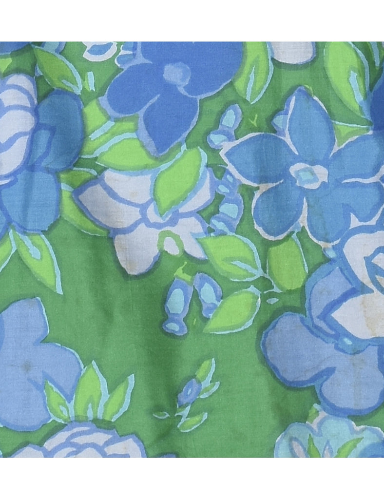 Floral Print 1960s Blue & Green Dress - M