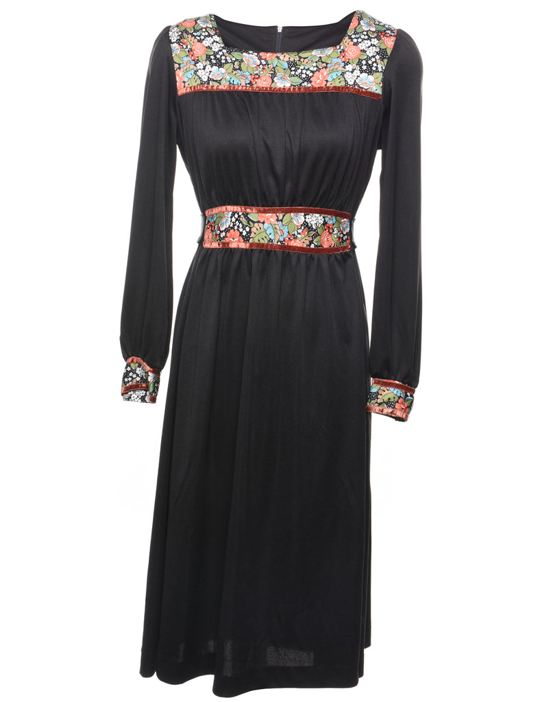 1970s Floral Print Black Dress - S