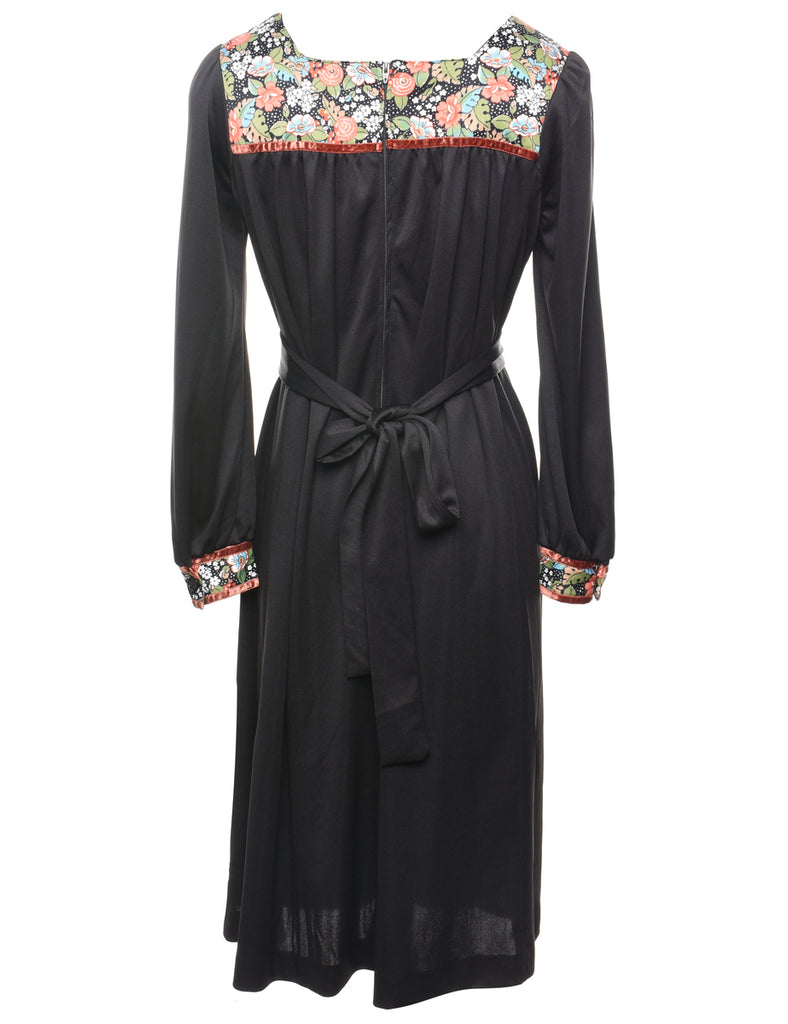 1970s Floral Print Black Dress - S