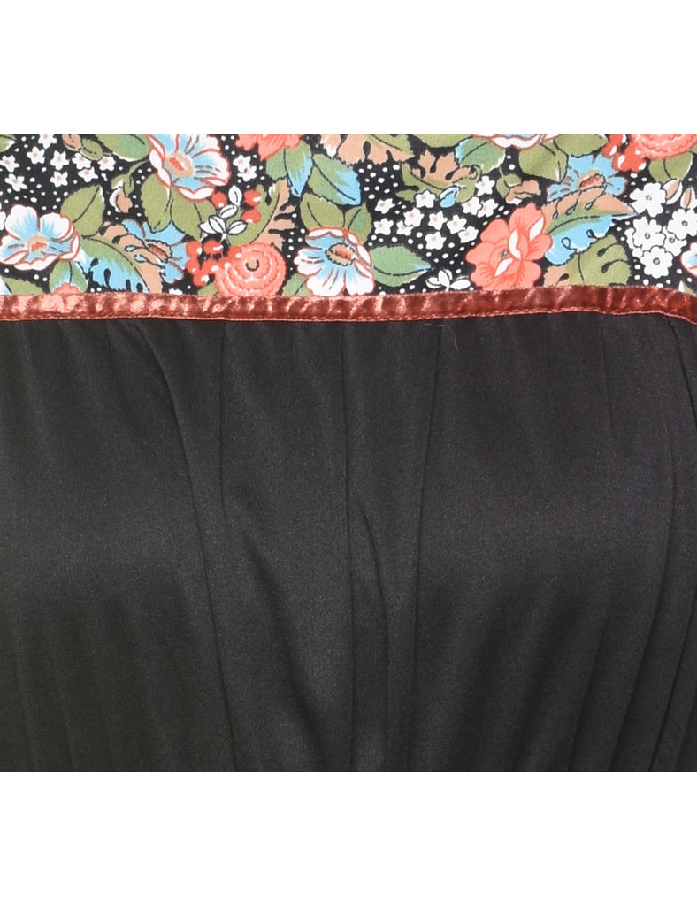 1970s Floral Print Black Dress - S