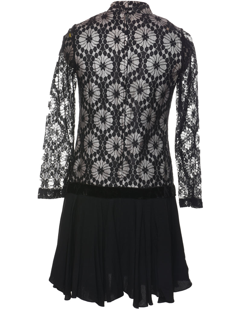 Floral Print Black & Grey Diamante Belt Dress - M