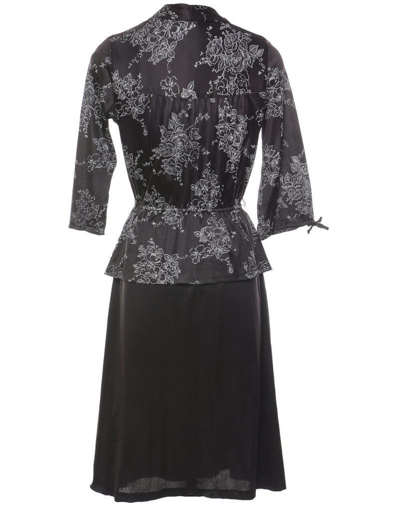 Floral Print Black & Grey V-Neck Evening Dress - M