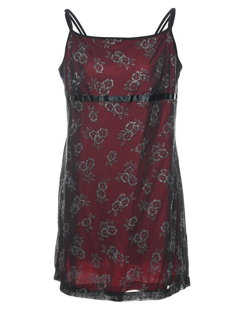 Floral Print Black & Maroon 1990s Sparkly Mini Dress - M