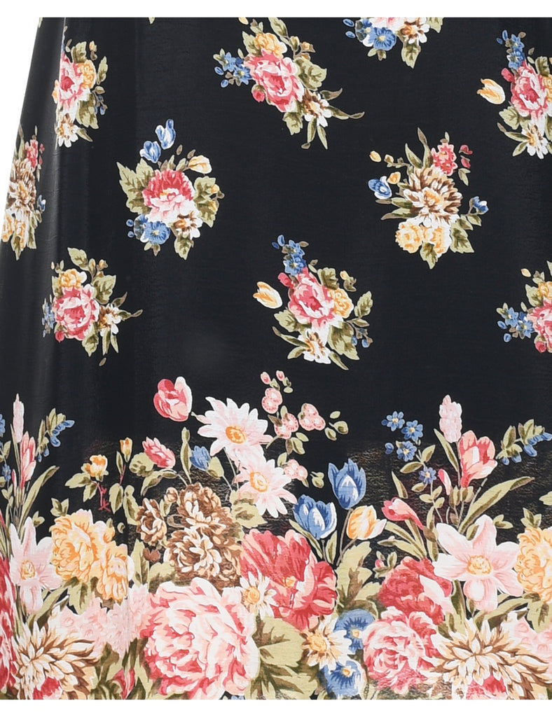 Floral Print Black Round Neck Dress - M