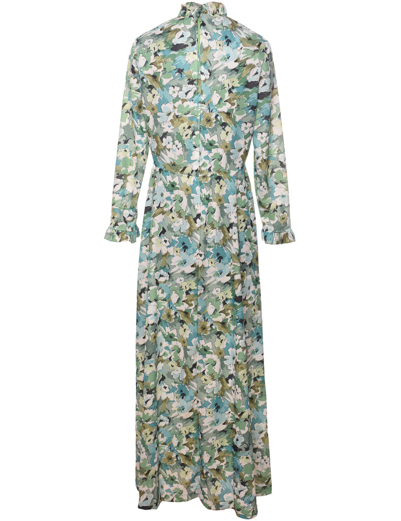 Floral Print Green & White 1970s Maxi Dress - M