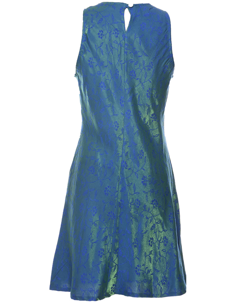 Floral Print Metallic Turquoise Evening Dress - M