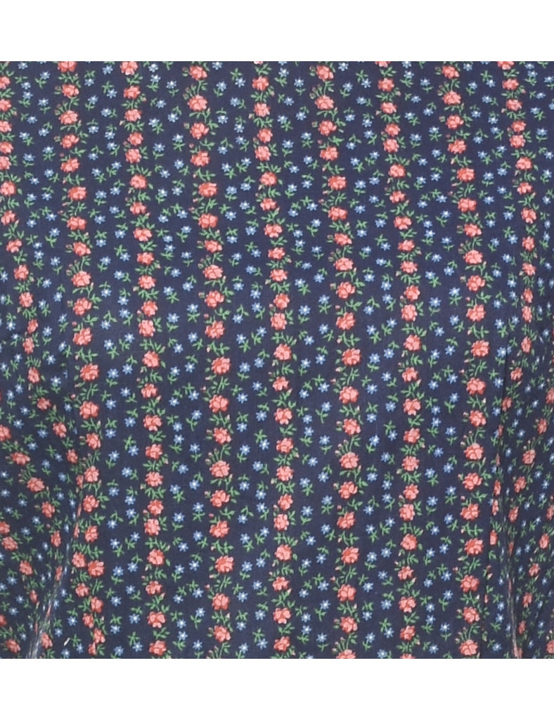 Floral Print Navy & Pink Bell Sleeve 1970s Dress - M