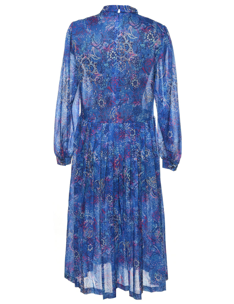 Floral Print Pleated Blue High Neck Maxi Dress - M