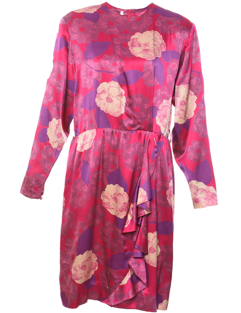 Floral Print Purple & Pink 1980s Dress - M