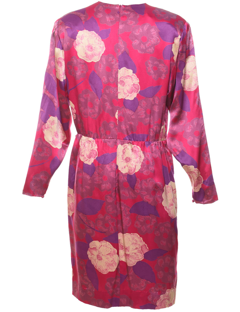 Floral Print Purple & Pink 1980s Dress - M