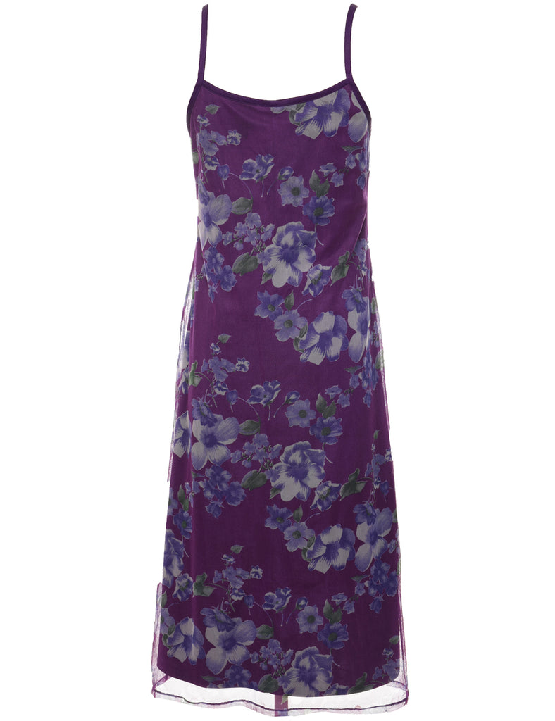 Floral Print Purple Strappy Evening Dress - M