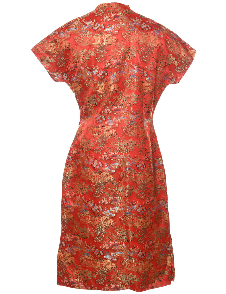 Floral Print Red Brocade Design Cheongsam Collar Evening Dress - M