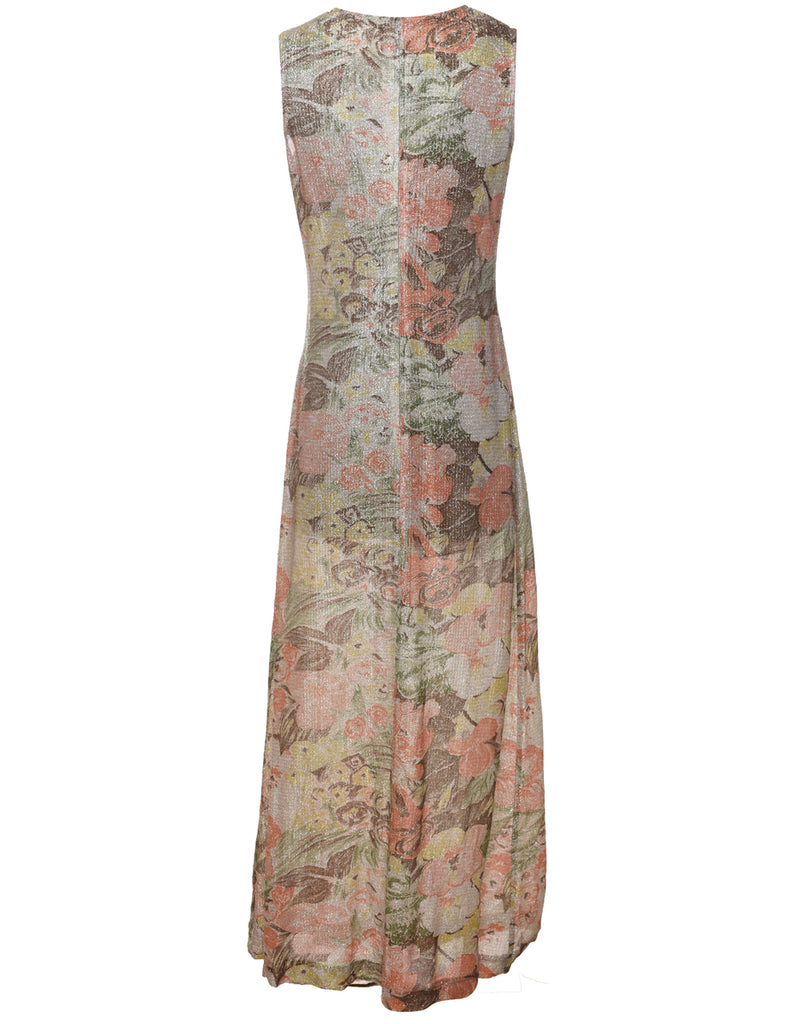 Floral Print Sparkly Sleeveless Evening Dress - L