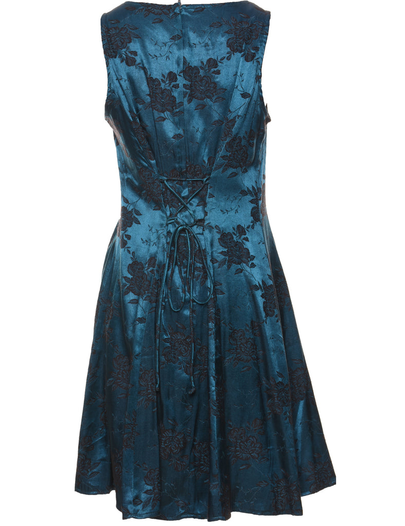 Floral Print Teal & Black Metallic Evening Dress - M