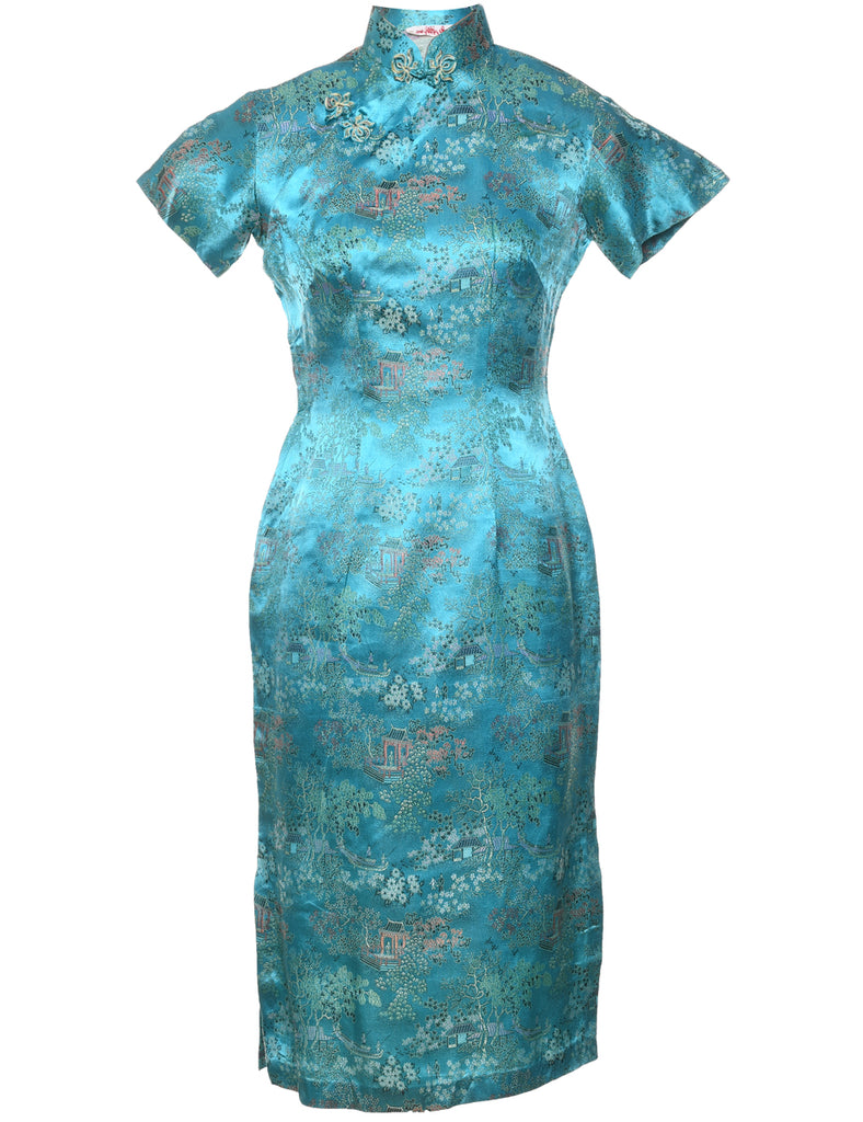 Floral Print Turquoise Brocade Design Dress - XS