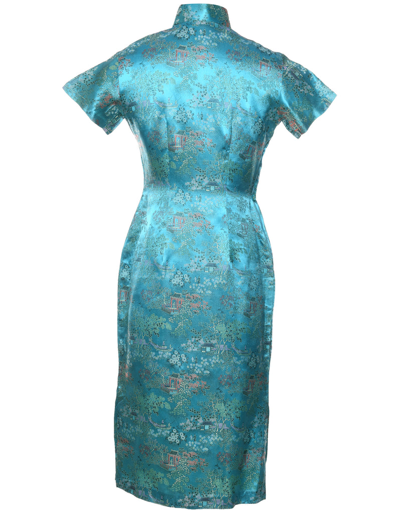 Floral Print Turquoise Brocade Design Dress - XS