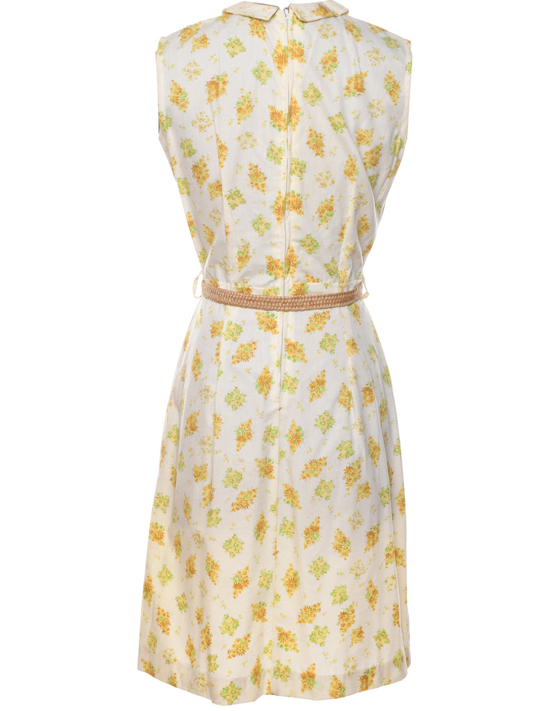 Floral Print White & Yellow 1950s Dress - XS