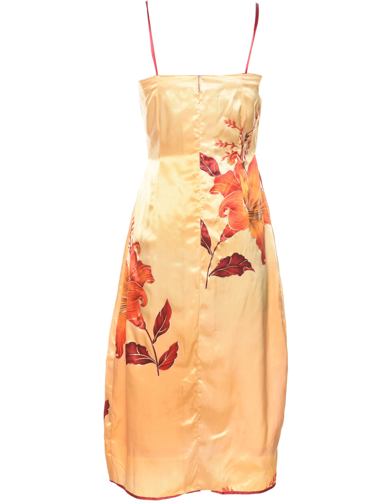 Floral Print Yellow & Orange Silky Metallic Dress - XS