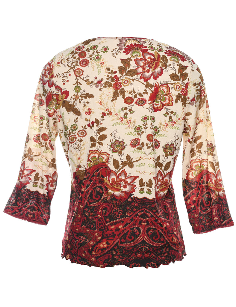 Floral Printed Red & Beige Printed Top - S