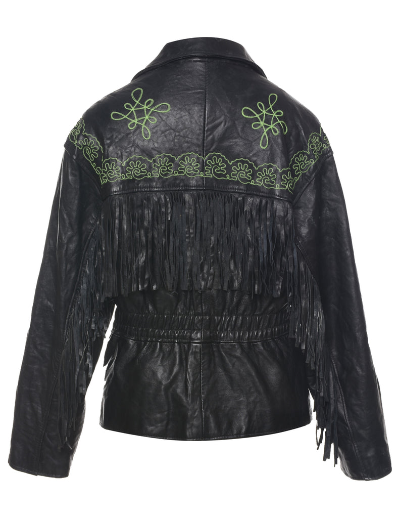 Fringed Embroidered Biker Style Leather Jacket - L