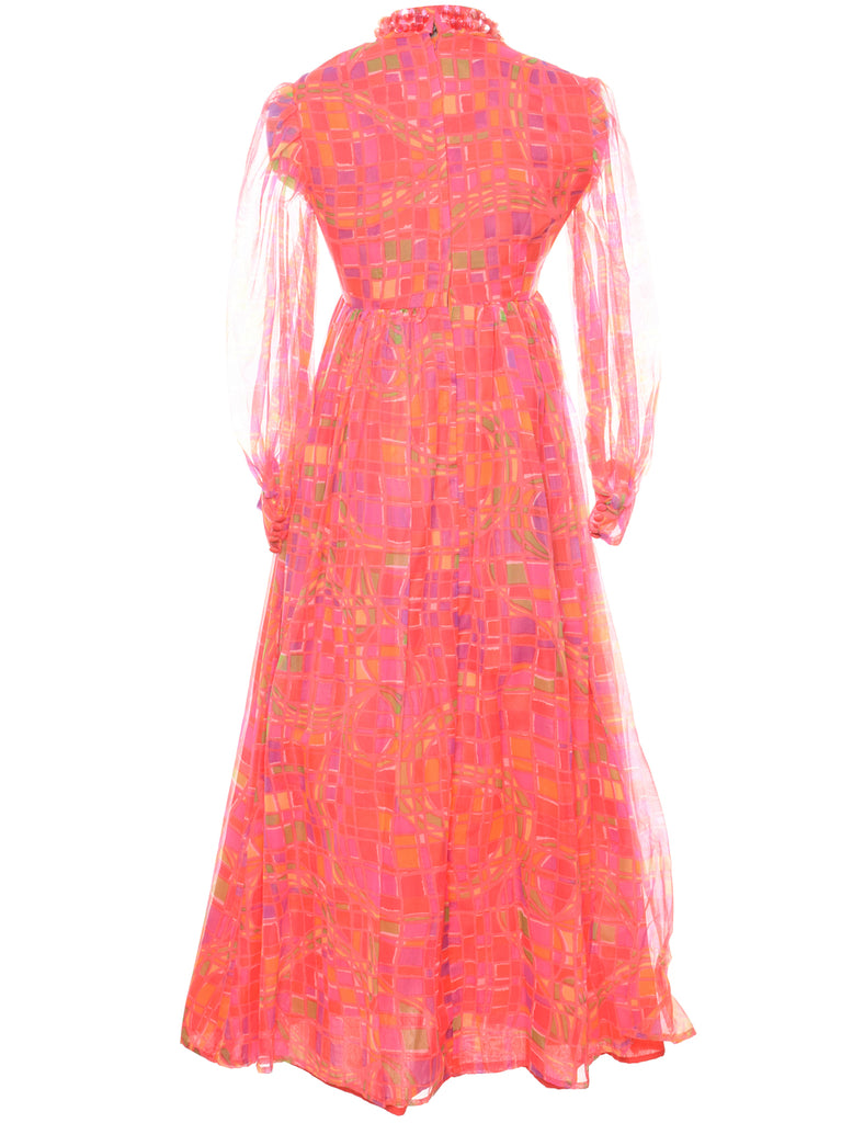 Geometric Print Pink 1970s High Neck Dress - M