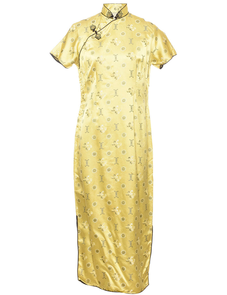 Gold Patterned Metallic Cheongsam Collar Dress - M