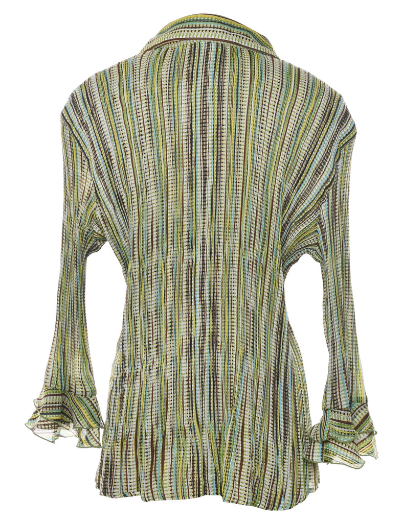 Green & Brown Striped Y2K Bell Sleeve Shirt - XL