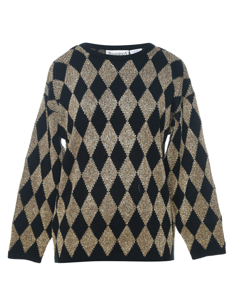 Harlequin Pattern Black & Gold Sparkly Jumper - M