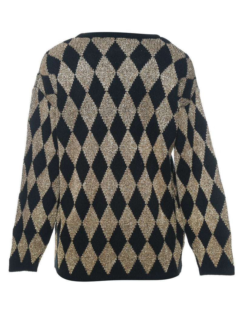 Harlequin Pattern Black & Gold Sparkly Jumper - M